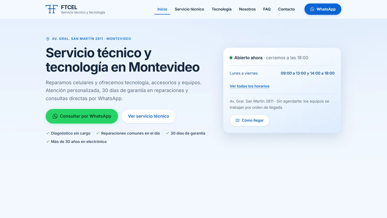 Página principal de FTCel, con información de su servicio técnico.
