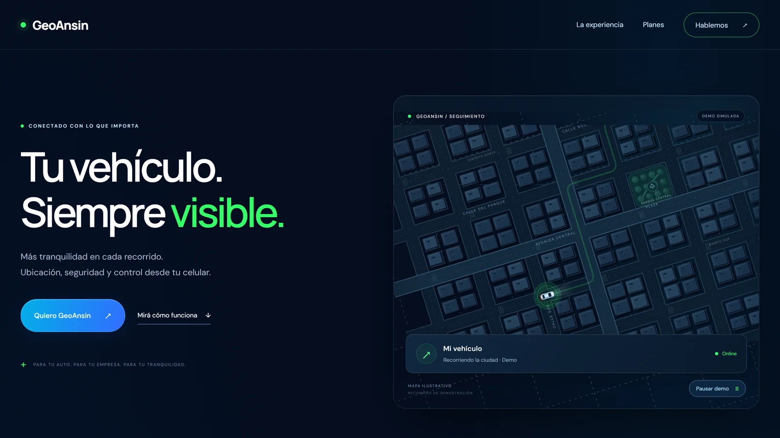 Página principal de GeoAnsin con un mapa ilustrativo de seguimiento vehicular.